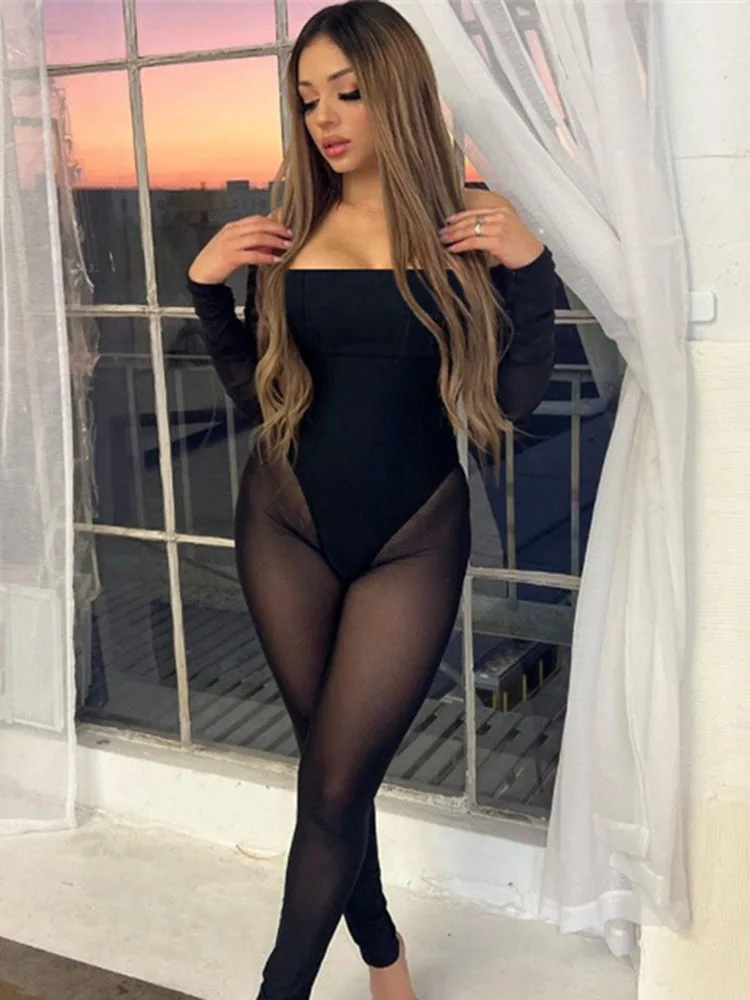 Sibybo Thin Lace Jumpsuits Sexy See Through One Line Neck Off Shoulder Backless Mesh Spliced High Waist Tight Fit Jumpsuit