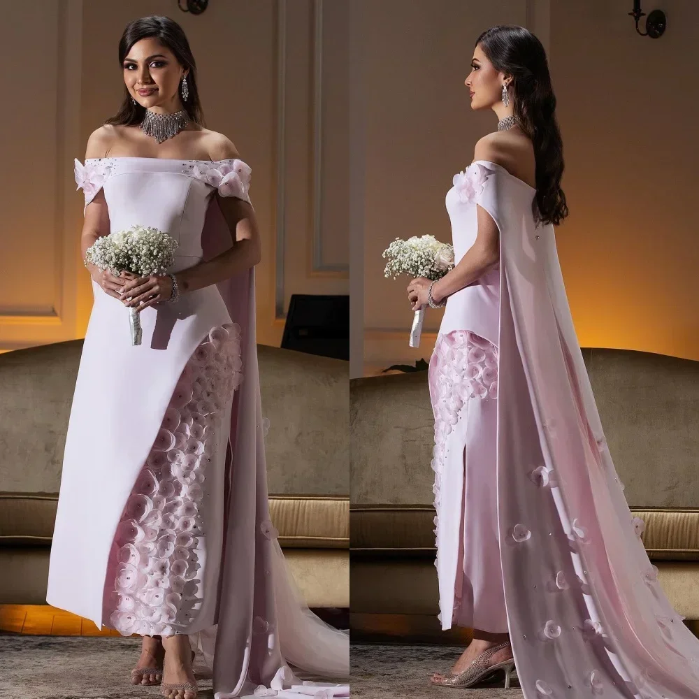 Prom Dress Customized Jersey Pleat Flower A-line Off-the-shoulder Midi