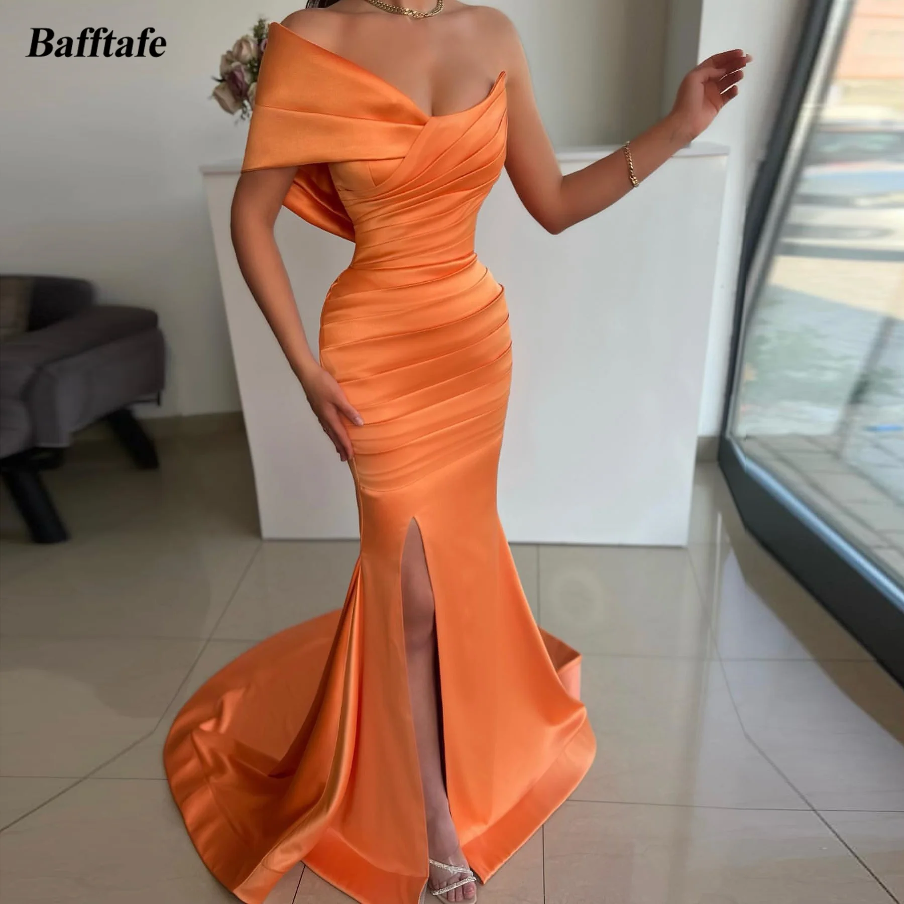 

Bafftafe Mermaid Orange Satin Long Evening Dresses Women Formal Gowns Cap Sleeves Slit Sweep Train Prom Party Dress Birthday