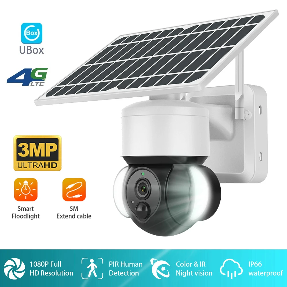 3mp Surveillance Camera Solar Wifi / 4g Lte Fdd Outdoor Ptz Pir Flood