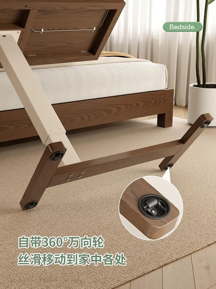 Solid Wood Bedside Table With Wheeled Movable Lifting Laptop Desk Sofa Side Table Small Bed