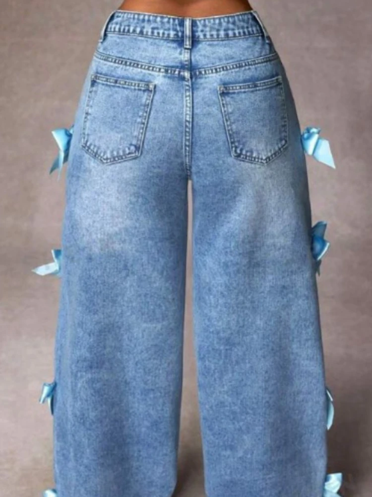 HOUZHOU Women Casual Bowknot Decor Jeans Y2k Blue Baggy Denim Trousers Loose Straight Sweet Coquette Aesthetic Washed Jeans 6