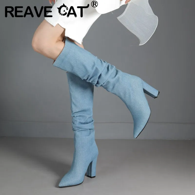 

REAVE CAT Denim Female Knee High Boots Pointed Toe Block Heels 10cm Pleated Large Size 41 42 43 Casual Dating Women Long Bota 33