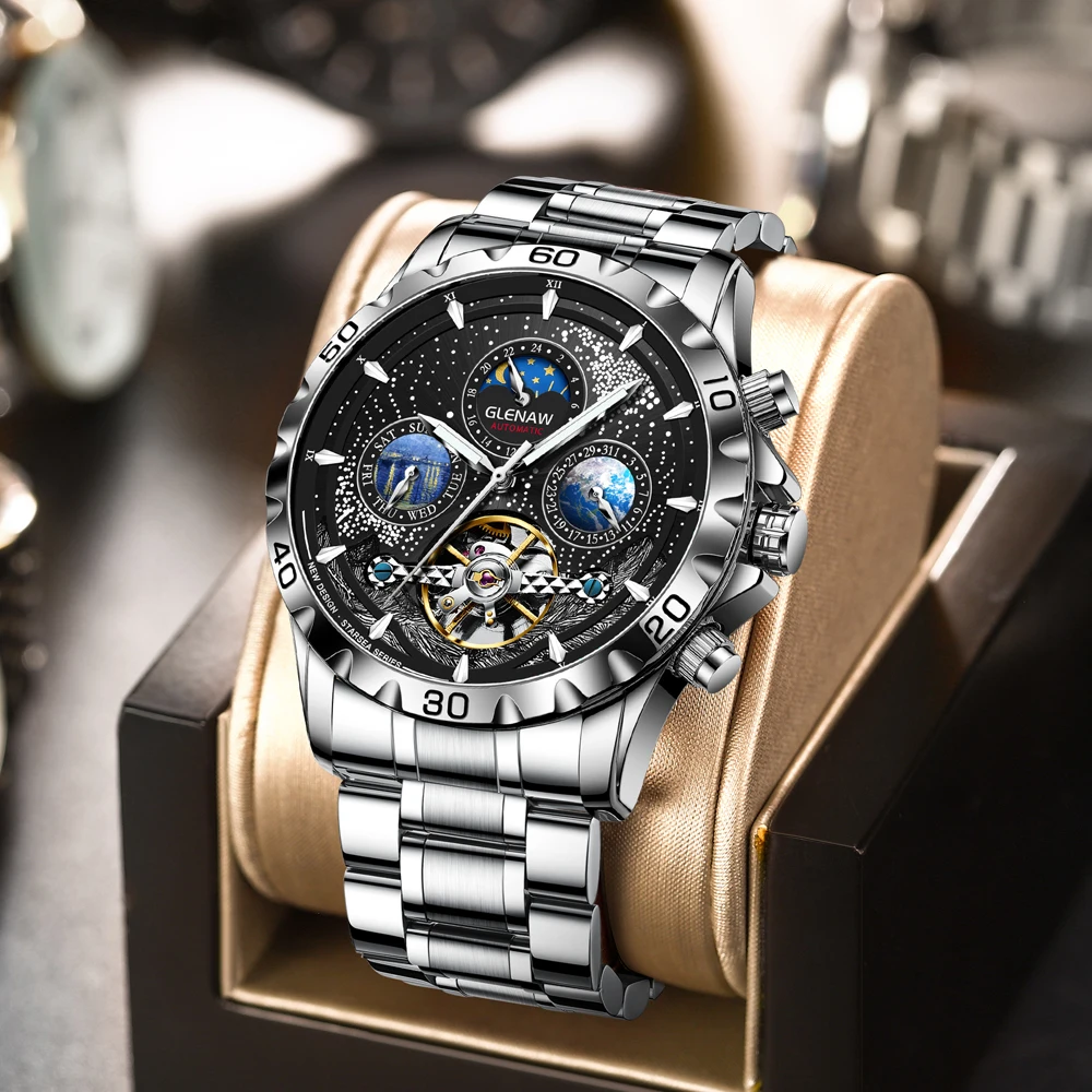 GLENAW Design Mens Watches Luxury Fashion Business Automatic Watch Men's Waterproof Mechanical Watch Montre Homme mechanical watch,business watch link