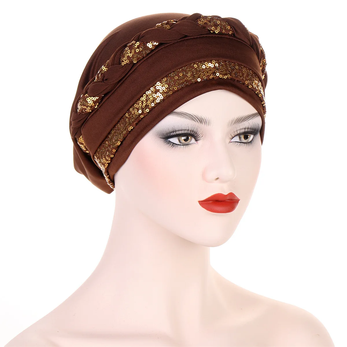 NEW Women Turban hats sequin Solid Braid Twist Caps Cancer chemotherapy Chemo Beanies Cap Headwrap Plated Hair loss cover 6