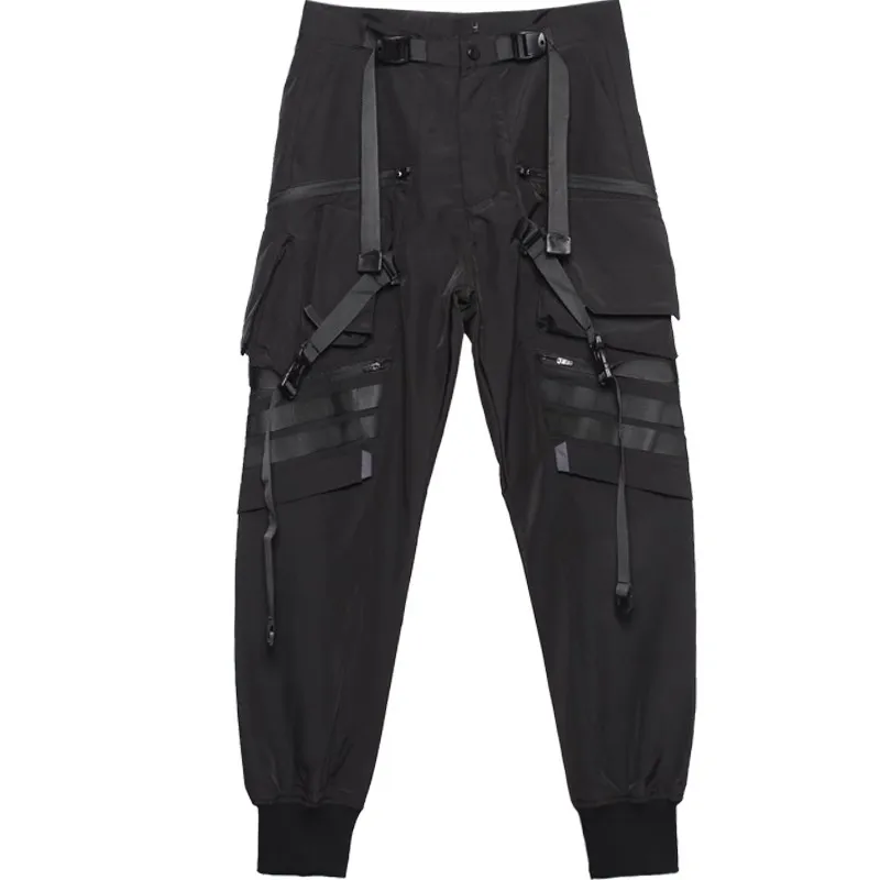 Techwear Functional Cargo Pants Men Fashion Tactical Ribbons Design Trousers 2025 Spring Hip Hop Streetwear Pants Black 5