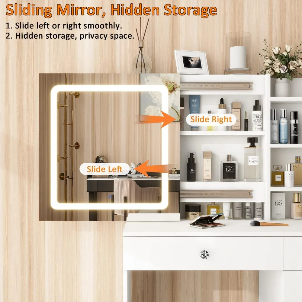 Vanity Desk Sliding Mirror and LED Lights & Charging Station, 35.4" White Vanity Table Set 5 Drawers & 7 Shelves,3 Light Modes