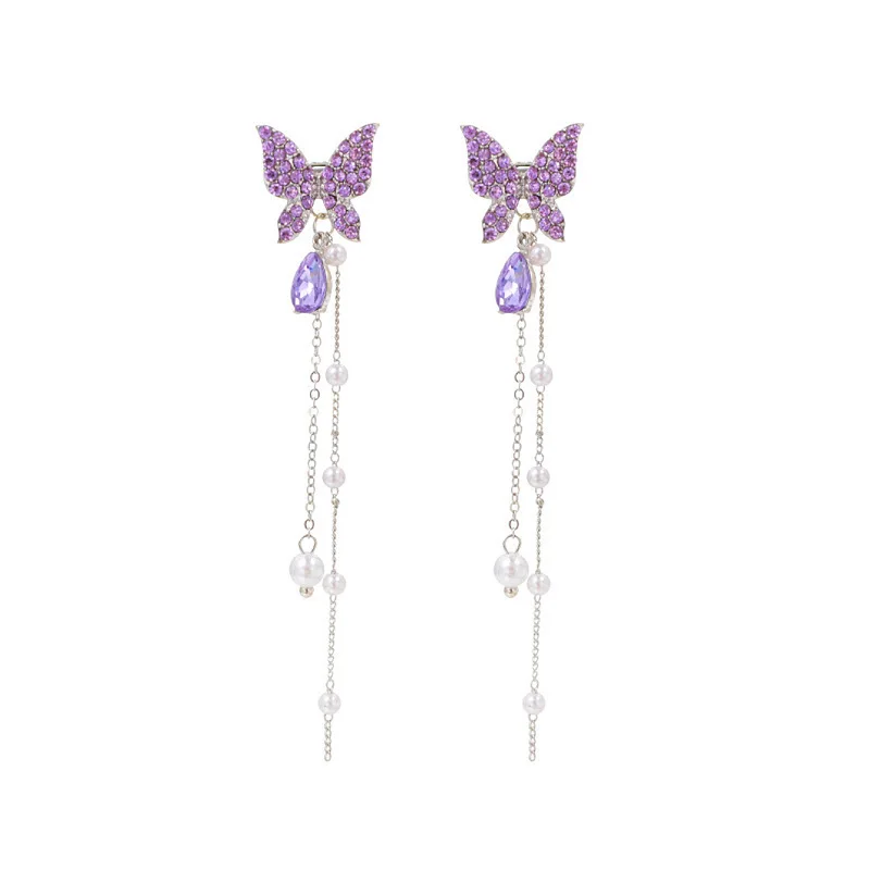 Sc274ae6c5e504c0eb99a9333dd90f205c 925 Silver Needle Korean Purple Crystal Butterfly Earrings For Women Jewelry Trending Luxury Long Pearl Tassel Earrings Mallzona