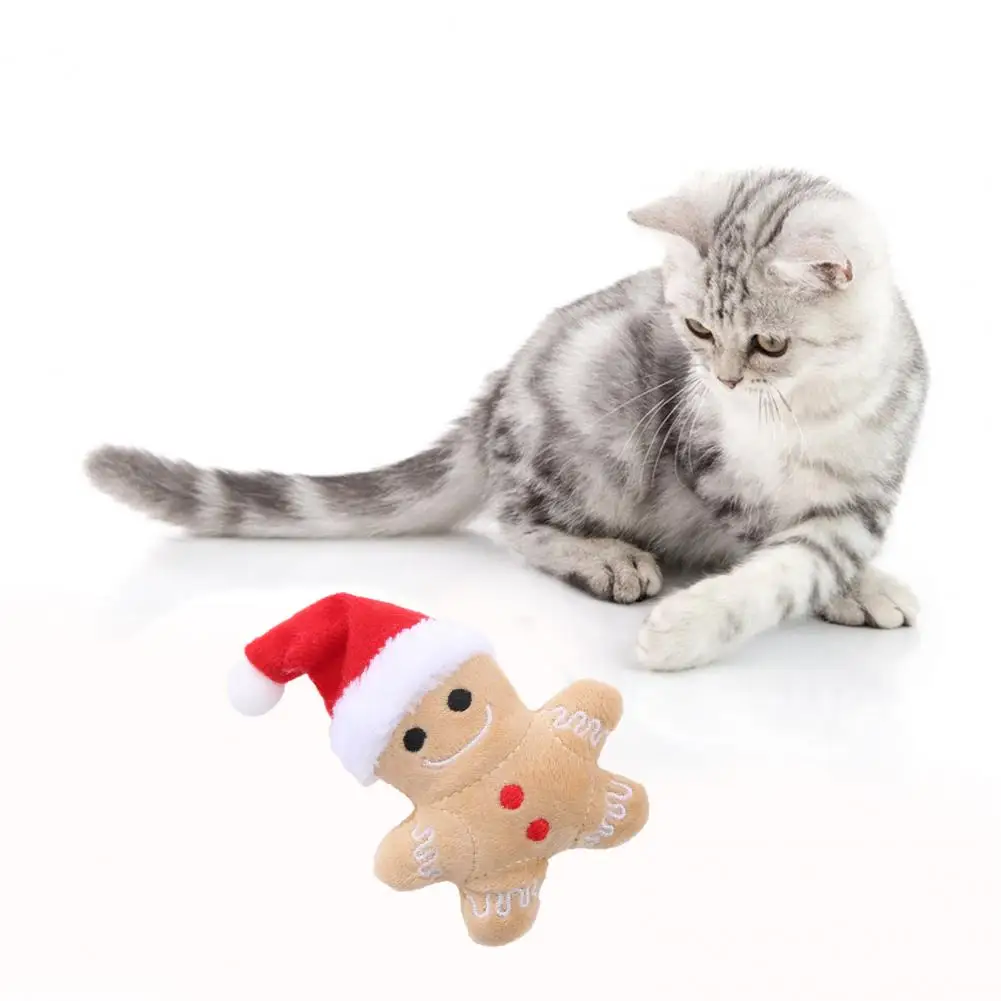 Kitten Toy Soft Cartoon Increase Appetite Clear Stomach Teeth Cleaning Long Lasting Christmas Hat Gingerbread Man Cat Plush Toy