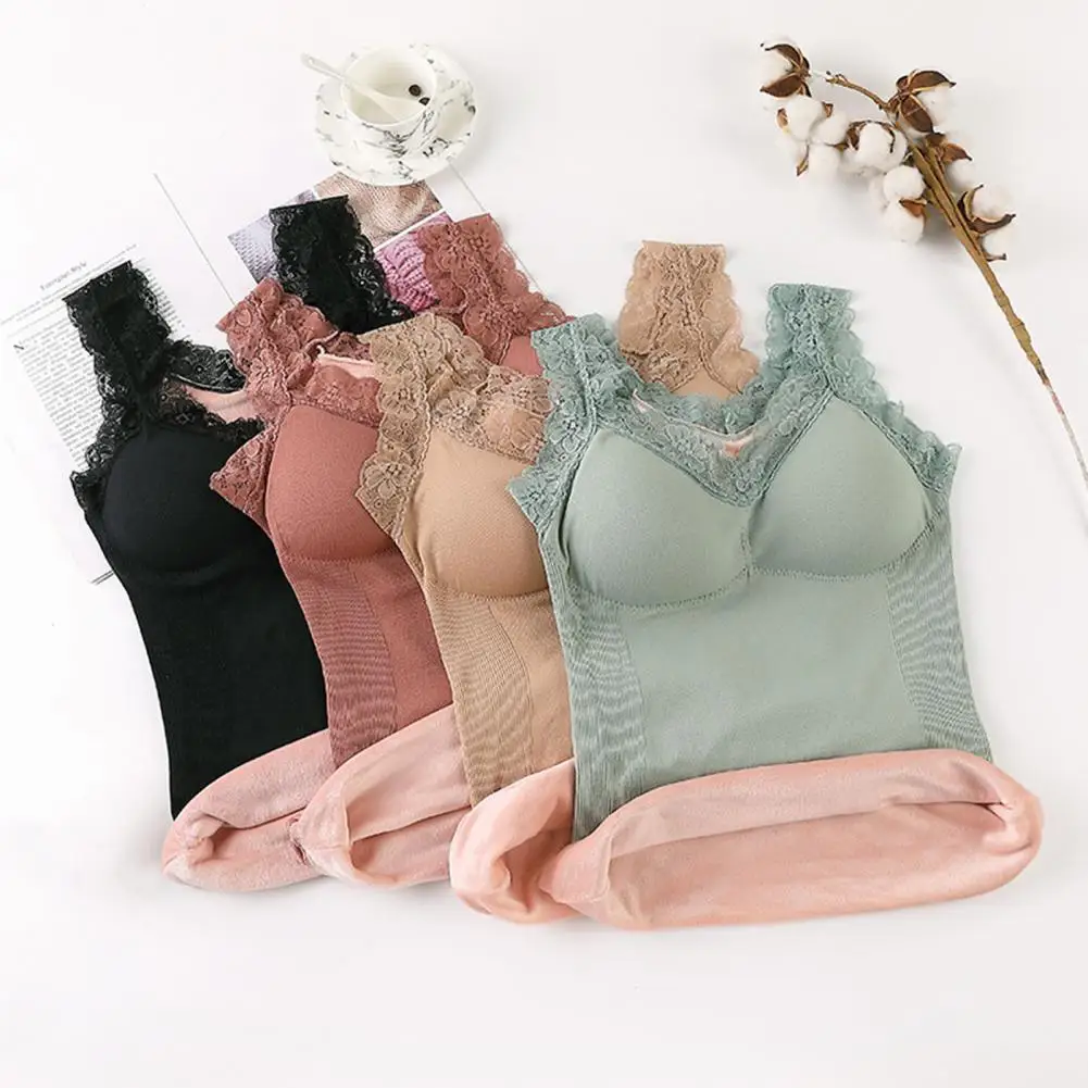 

Warm Soft Vest Cozy Chic Women's Winter Vests Padded Plush Lace-trimmed Sleeveless Tops with Wireless Elastic Warmth Women Top