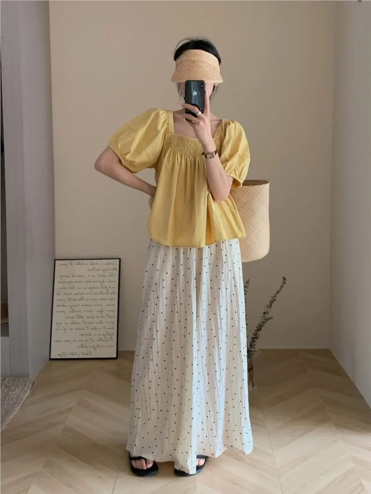 Summer Polka Dot Print Elastic High Waist Long Pant Women Casual Modis Loose Pleated Ladies Trousers Korean Woman Wide Leg Pants