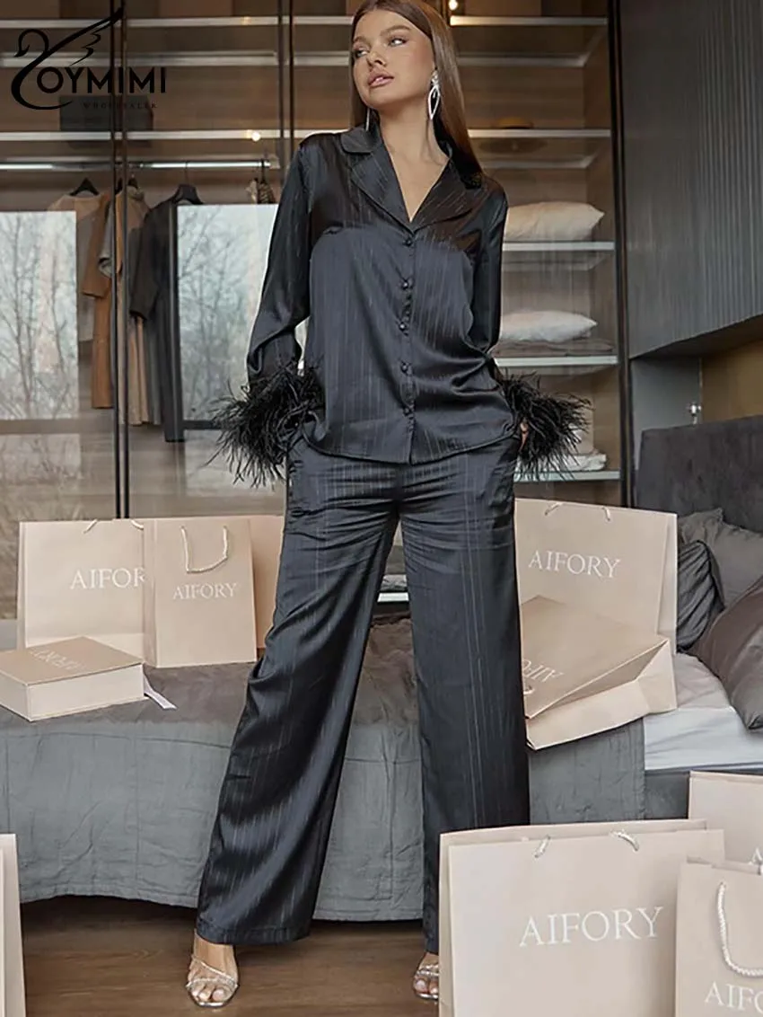 

Элегантные комплекты Oymimi цвета хаки с принтом, женские модные комплекты из 2 предметов, рубашка на пуговицах с длинным рукавом и брюки с высокой талией