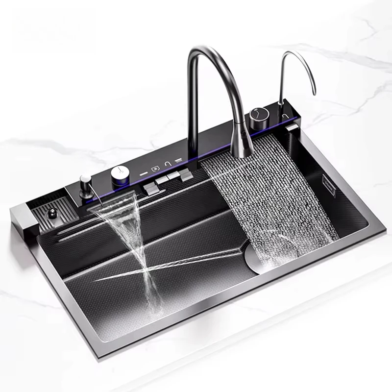 Smart LED Digital Display Modern Stainless Steel Kitchen Sink Handmade ...