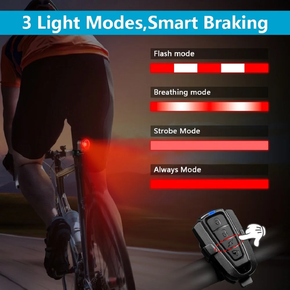 Waterproof Smart Auto Brake Sensing Light Wireless Bike Burglar Alarm USB Charge Remote Control Bicycle Anti Theft Lamp
