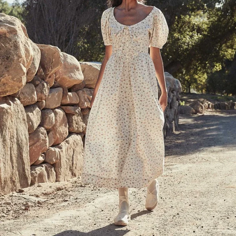 

2023 Summer New Floral Print Dress Round Neck Puff Sleeve Short-sleeved Women Dress