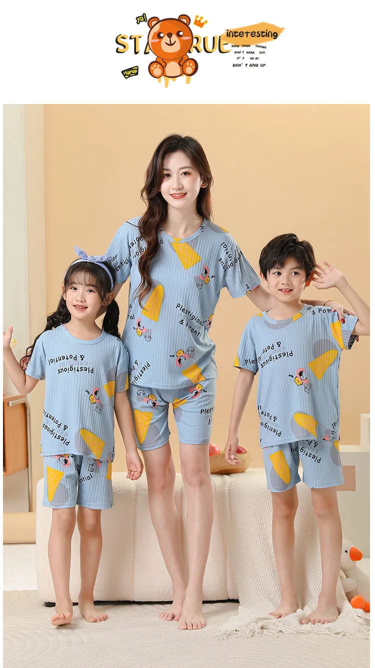 2 pieces for boys and girls pajamas Summer parent-child thin short sleeve cute neutral children's set Cute Children's homewear