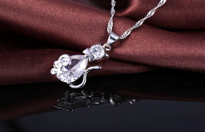 Lovely Christmas Birthday Gift for Girls 925 Sterling Silver Color Cubic Zircon Cute Cat Pendant Necklace Earrings Jewelry Set