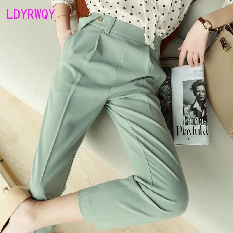 2023 spring and autumn new Korean version green cropped pants fresh temperament small leg pants drape thin casual trousers women