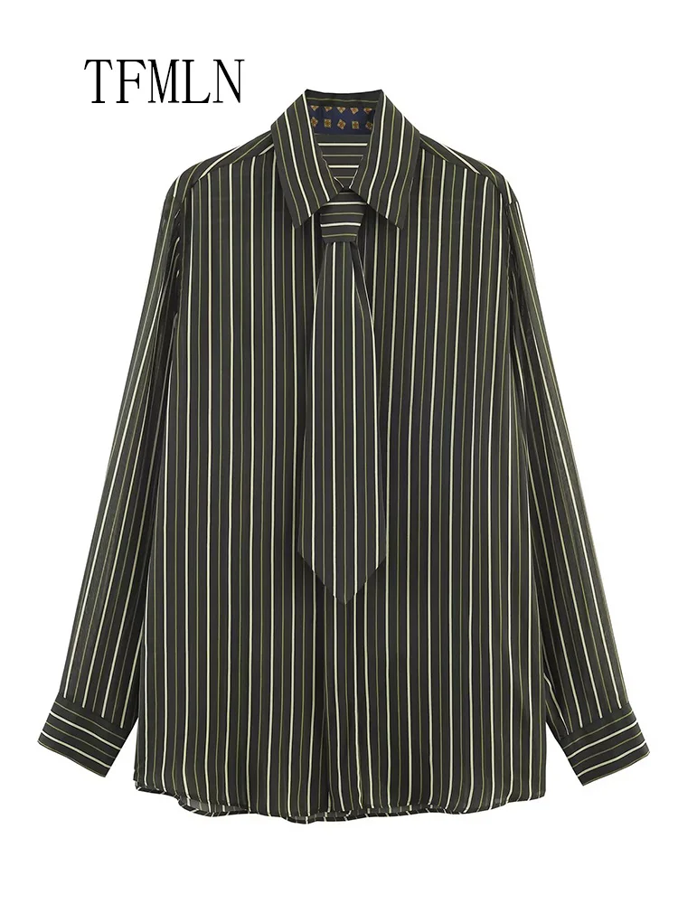Casual New Women Striped Tie Blouses 2026 Spring Summer Simple Single Breasted Thin Loose Shirts High Street Long Sleeve  Tops