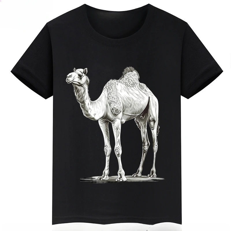 thumbnail image 1 of Ropa infantil con estampado de dibujos animados de camellos, camisetas negras de manga corta de verano para niños, camisetas de algodón personalizadas para niños y niñas, 1 of 5