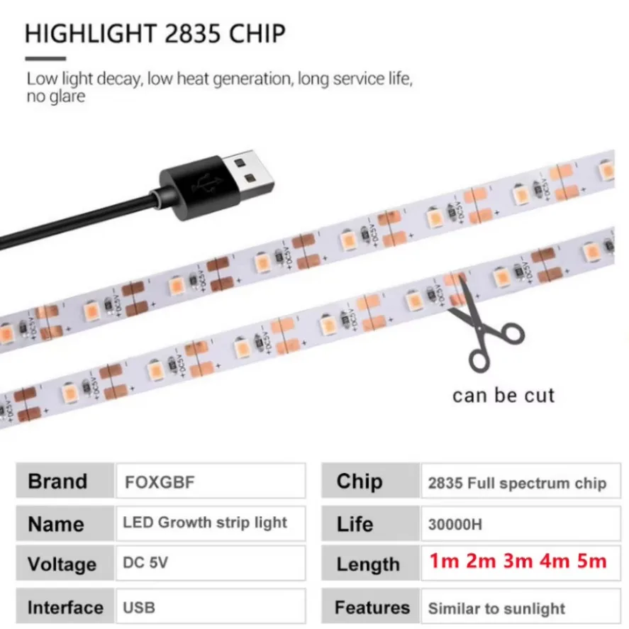 LED Grow Light 1-5m USB Strip 5V Full Spectrum Waterproof for Greenhouse Flower Seedling