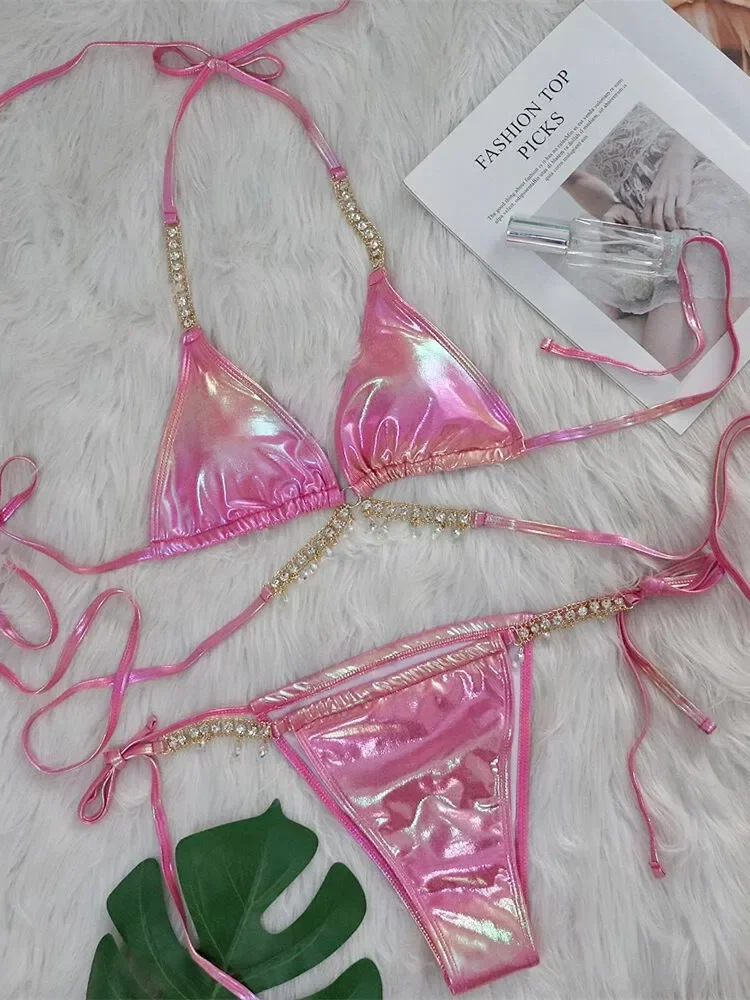 

Sexy Pink Brozing Bikini Set 2024 Women Luxury Rhinestone Criss Cross Bandage Micro Swimsuit Bathing Suit Diamond Thong Swimwear