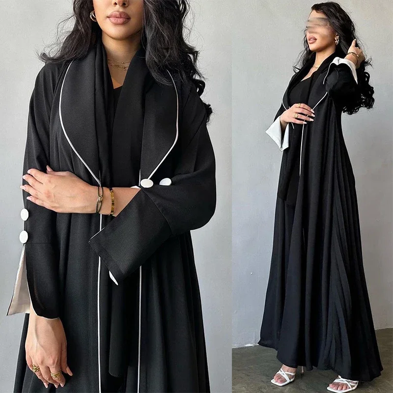 Eid Ramadan Abaya Muslim Women Elegant Moroccan Kaftan Dress Cardigan Open Long Pleated Robe Lace Black Islamic Jalabiya Gown