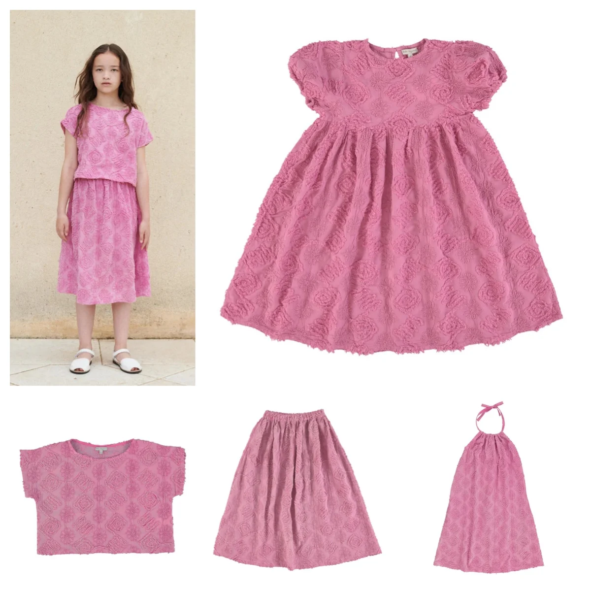 

Новинка лета 2024, детская одежда, юбка с коротким рукавом, 2 шт., фиолетовая, розовая, трапециевидная, Цветочная серия, платье с лямкой на шее для девочек, костюм для скалолазания
