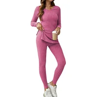 Plus Size Casual Outfits Sets Women's Plus Solid Ribbed Long Sleeve Round Neck Split Hem Top & Pants Outfits 2 Piece Set - Image 3
