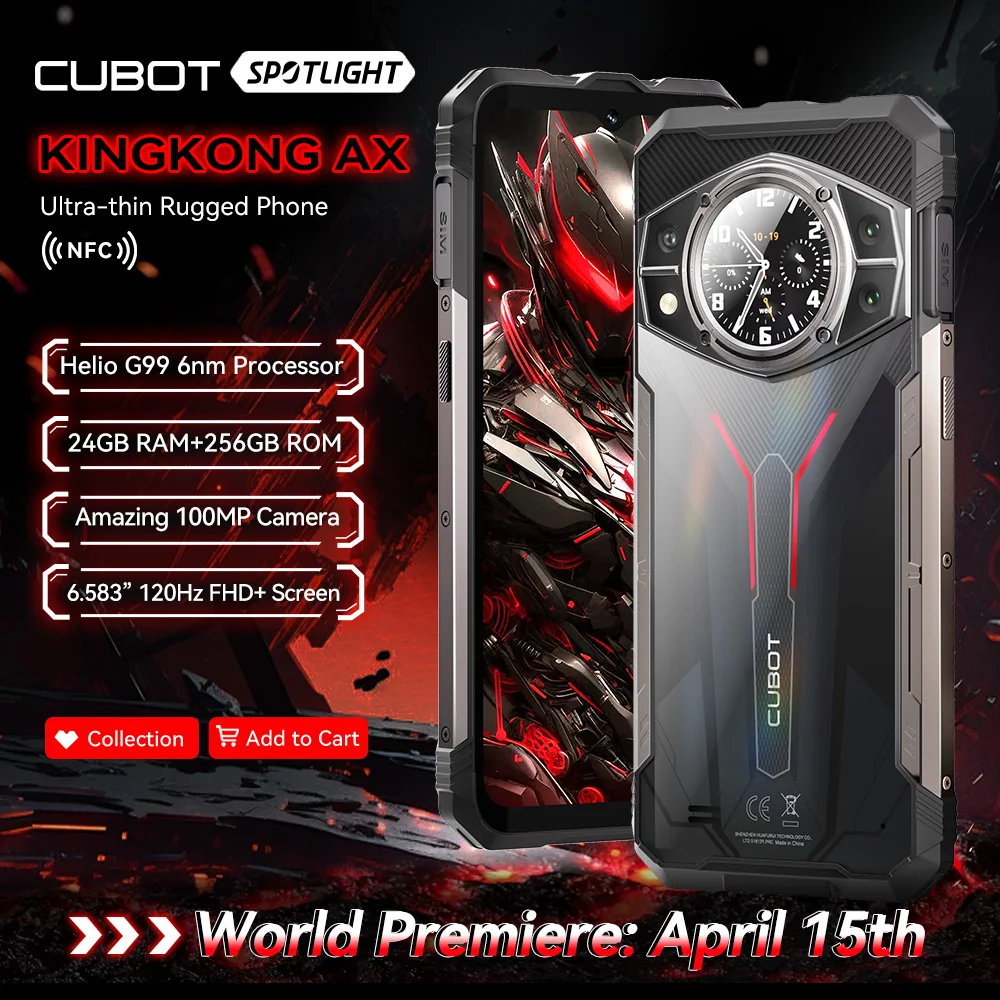 [월드 프리미어] Cubot KINGKONG AX, 초박형 러기드 스마트폰 Android 14, Helio G99, 24GB RAM(12GB+12GB 확장), 256GB ROM, 6.583