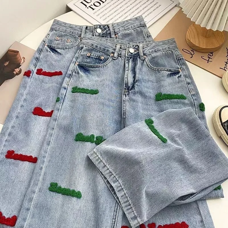 Embroidery Jeans for Women Loose Wide Leg Straight High Waist Trousers Spring Clothing