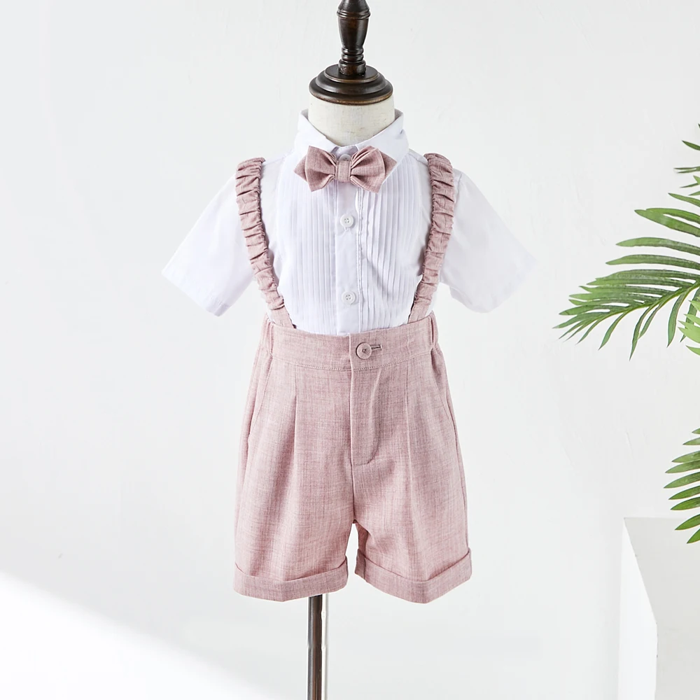 Boys Suit For Weddings Birthday Little Boy Gentleman Outfit Formal Suits Children Coat Strap Shorts Bow Tie Clothes Set