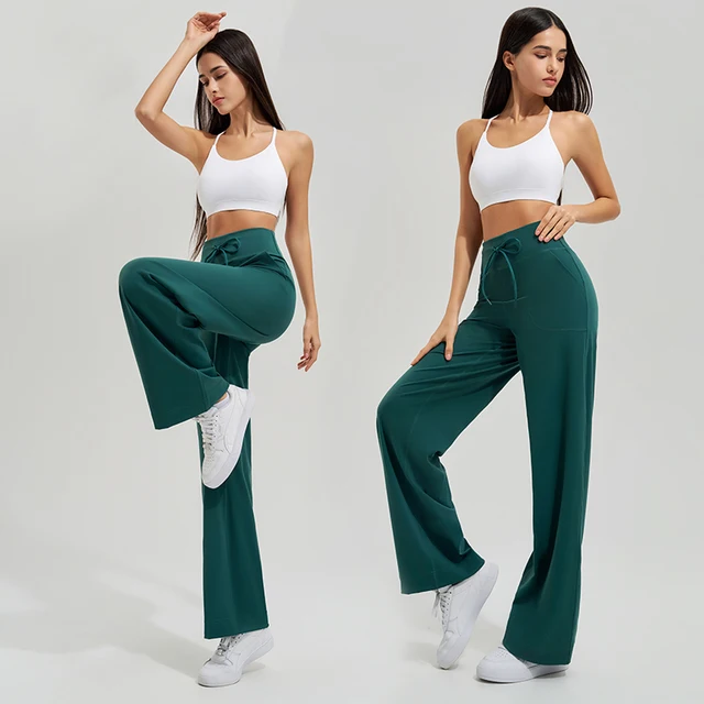Women's yoga pants high waist wide leg gym casual pants solid color drawstring high elasticity quick drying tight pants