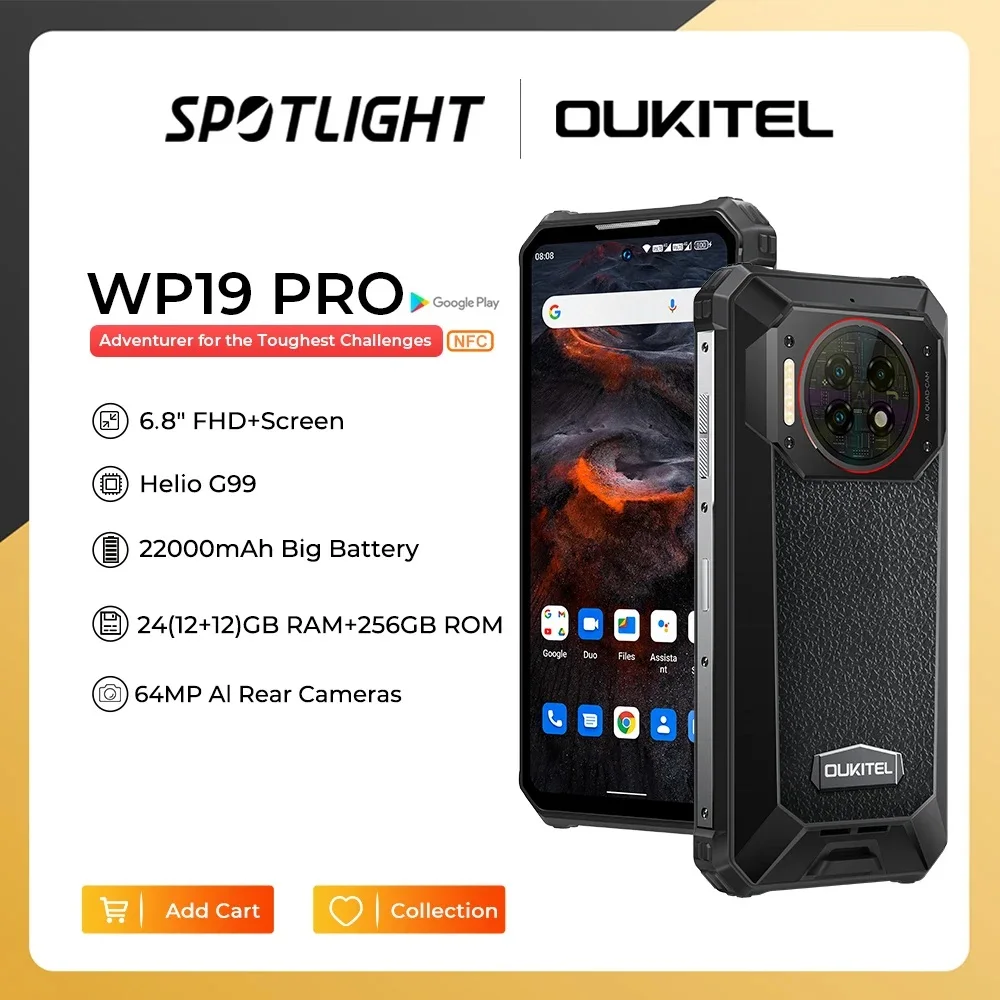Oukitel WP19 Pro Rugged Phone 22000mAh 24GB 256GB Smartphone 64MP Camera Helio G99 Cellphone 120Hz Mobile Phone