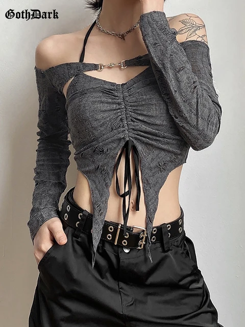 Cheap Gothic Clothes V Neck Lace Flare Sleeve Tee Women See Through Mall  Streetwear Emo Crop Top Punk Grunge Fashion Sexy Tops
