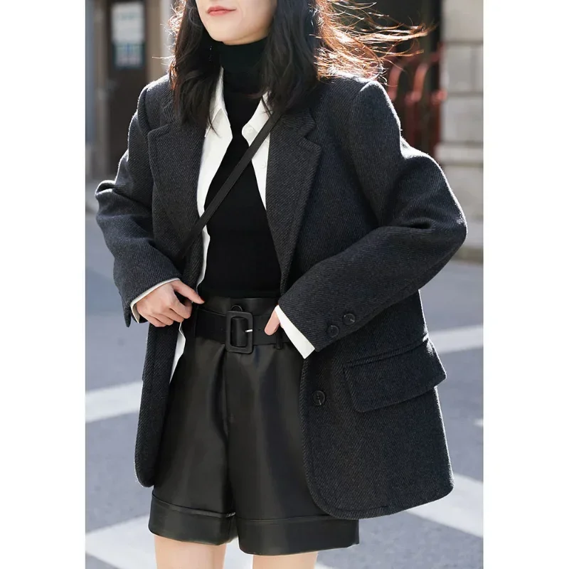 Women's Coat Vintage Twill Wool Single Breasted Blazer Loose