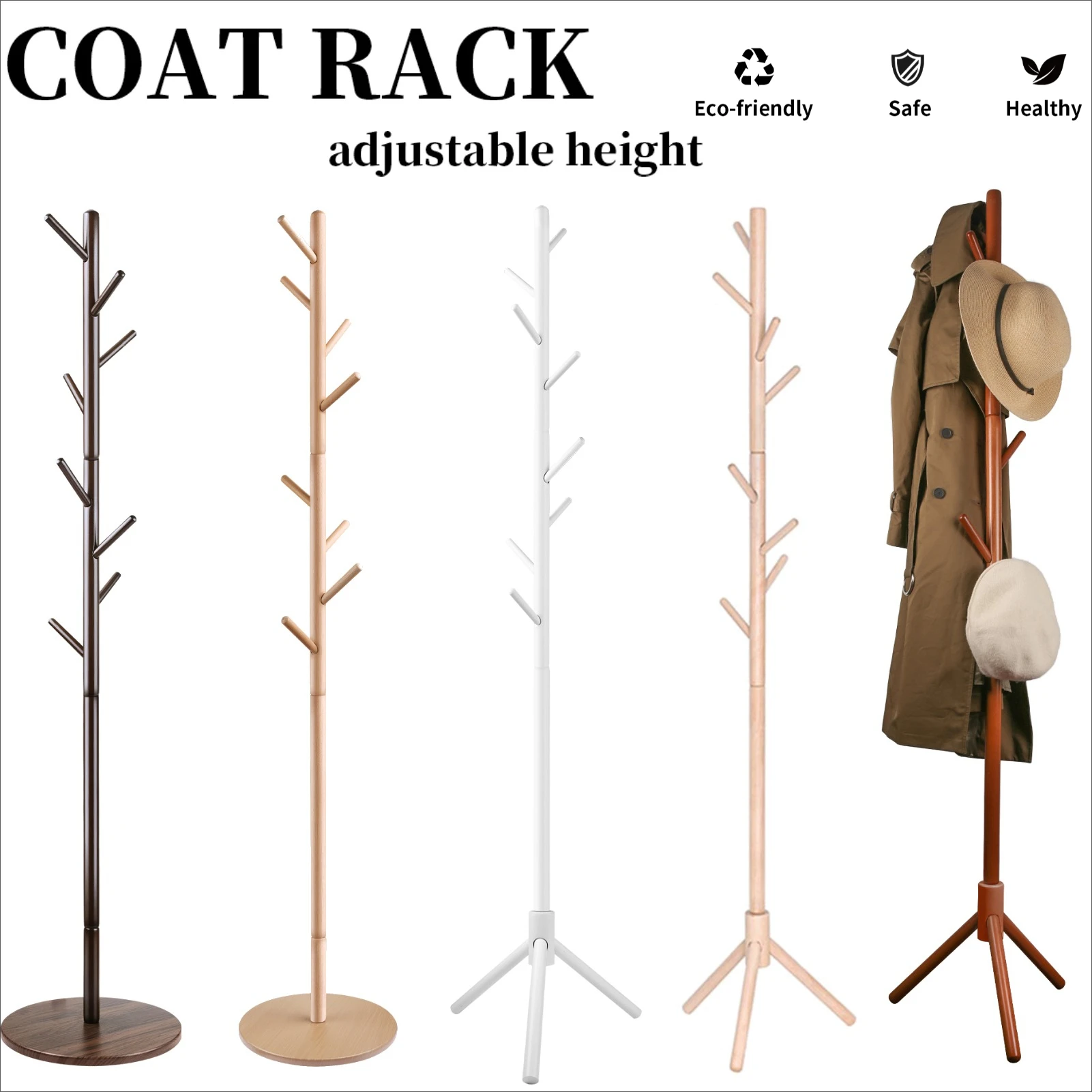 Solid Wood Coat Racks Stand Adjustable Height Clothes Hanger 8 Hook for Home Entryway Clothes Hat Scarves Handbags Rack