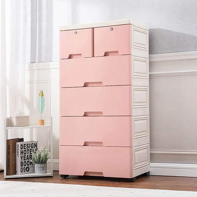 Pink & Blue Classic 6 Drawers Storage Cabinet W/4 Wheels Modern Plastic Drawer Dresser Multi-purpose Bedroom Closets Organizer 2