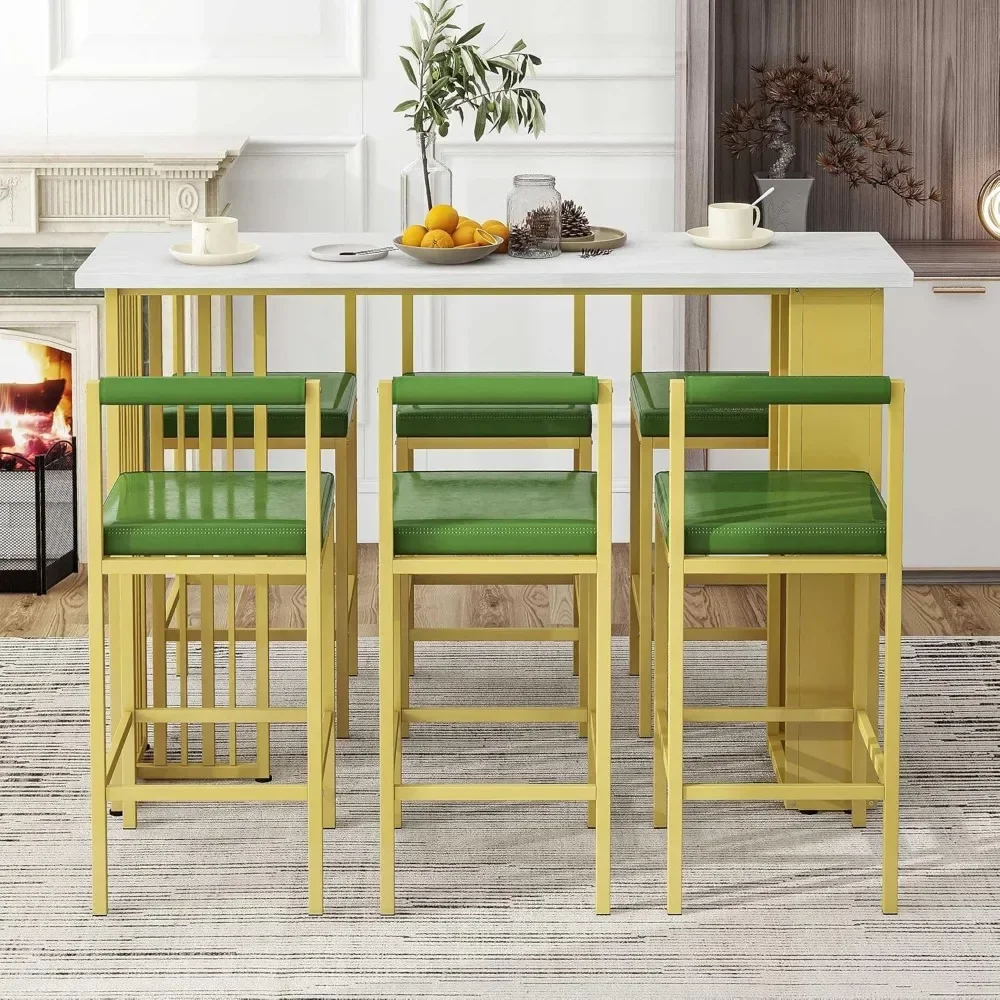 7-Piece Counter Height Dining Bar Table Set, 63"L Counter Height Dining Table with Open Shelves and 6 Upholstered Stools 3