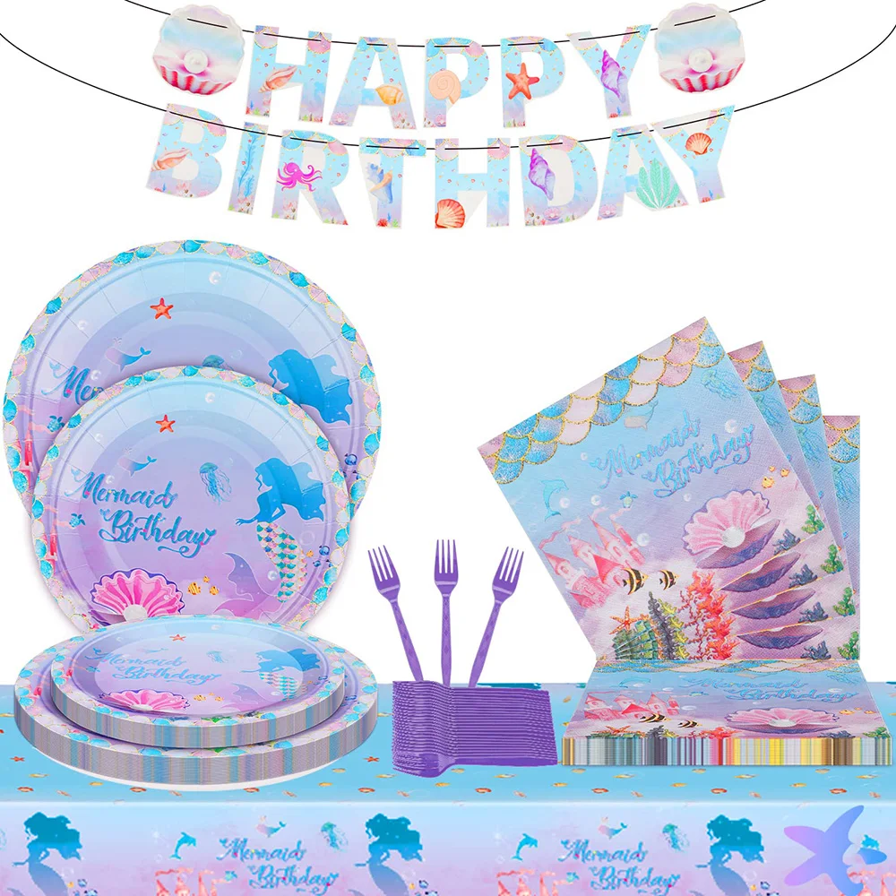 

Serves 16 Guests Set Mermaid Birthday Party Supplies Includes Paper Tableware Plates Tablecloth Banner Napkins Forks 58pcs