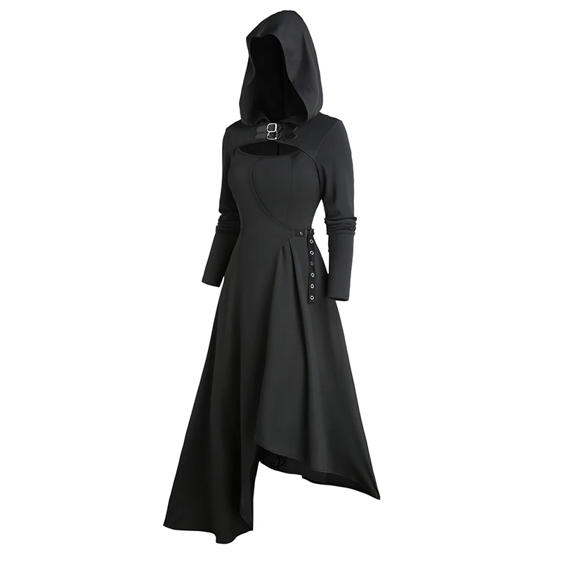 2024 Women's Gothic Dresses Cut Out Asymmetric Hooded Dress Long Sleeve Solid Color Buckle Strap Midi Dress Black Dress