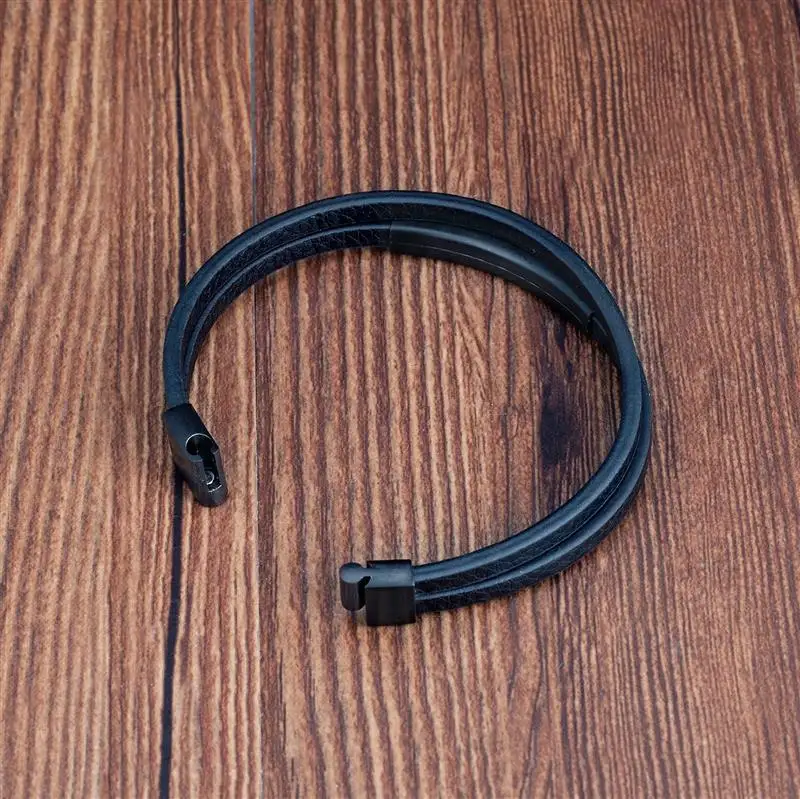 Simple Style Men's Black Genuine Leather Bracelet Classic Stainless Steel Insert Double-layer Braid Bangles For Men Friend Gift - Image 3