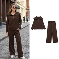 Willshela Women Fashion 2 Piece Set Brown Pullover Sweatshirts & Vintage High Elastic Waist Trousers Feamle Chic Lady Pants Sets