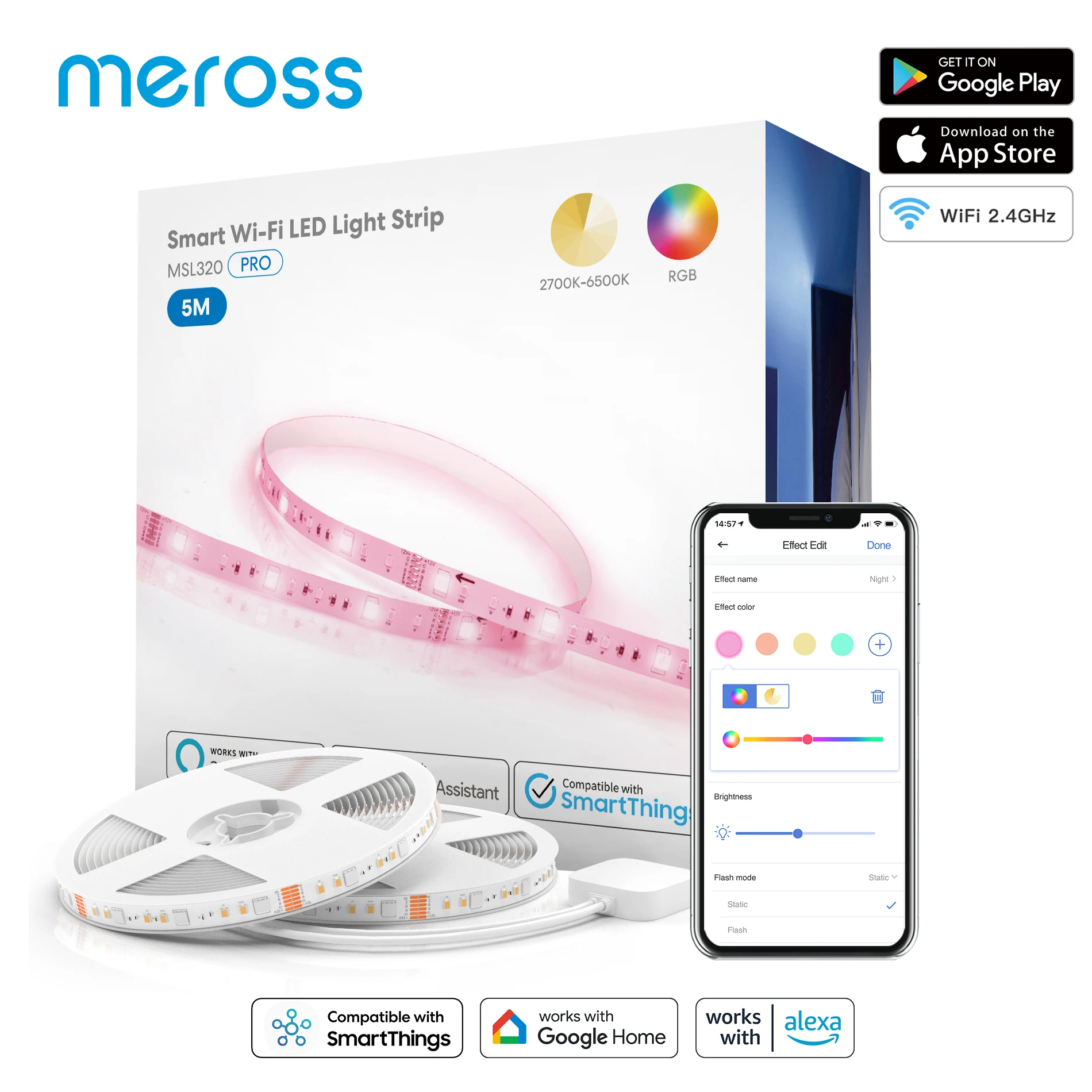 Meross Wi-Fi Smart Light Strip Rgbww Led Strip Lighting Nastro Flessibile Supporto Usa/Ue/Regno Unito Alexa Google Assistant Smartthings 5M