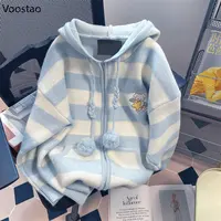 Spring Autumn Casual Cartoon Embroidery Striped Hooded Sweater Women Sweet Knitted Cardigan Coat Japanese Girls Loose Knitwear 1