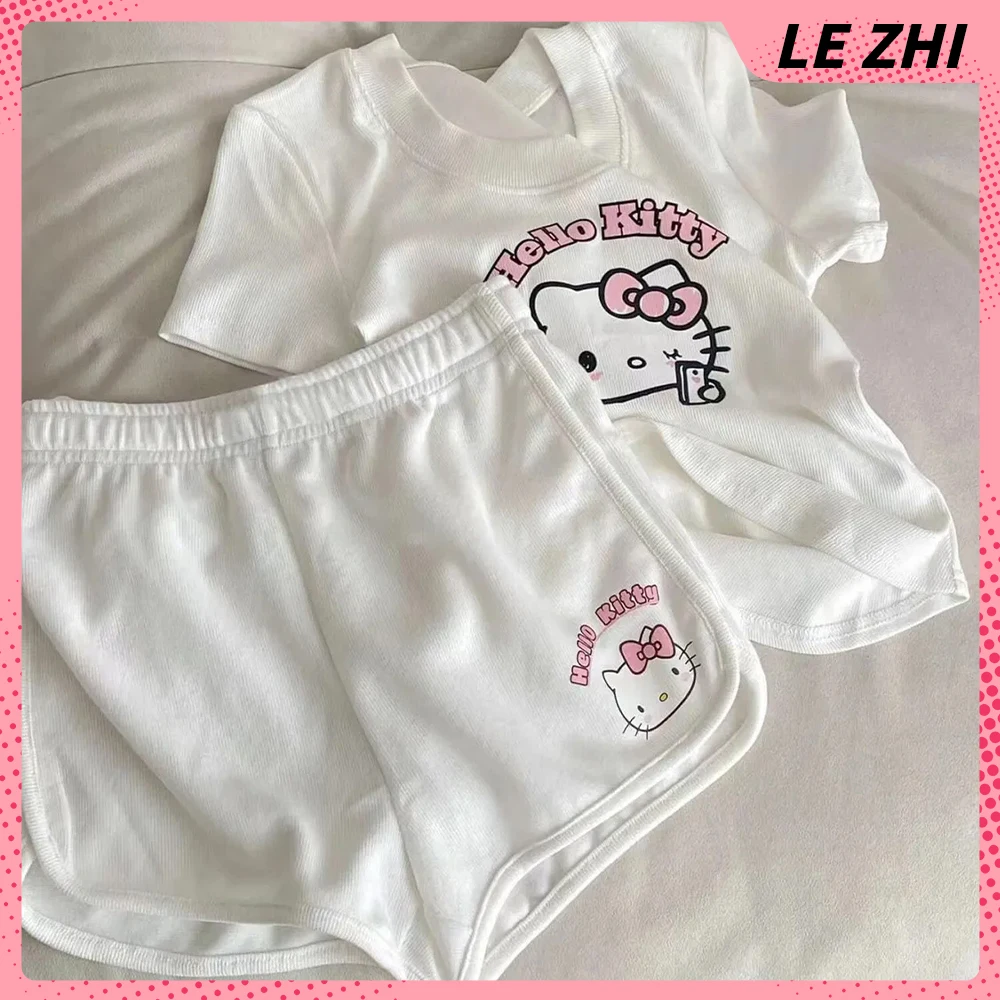 

Cartoon Hello Kitty White Comfort Short-sleeved Suit Kawaii Maiden Heart Casual Shorts Sports Suit Home Clothes Summer Clothes