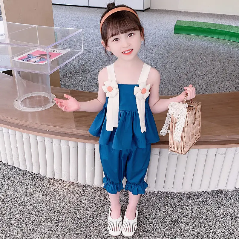 

Girls Summer Suit 2024 New Little Girl Baby Strap Clothes Two Piece Sets 2Pcs Fashion Baby Kids Clothes Suit Children's Girls 6y