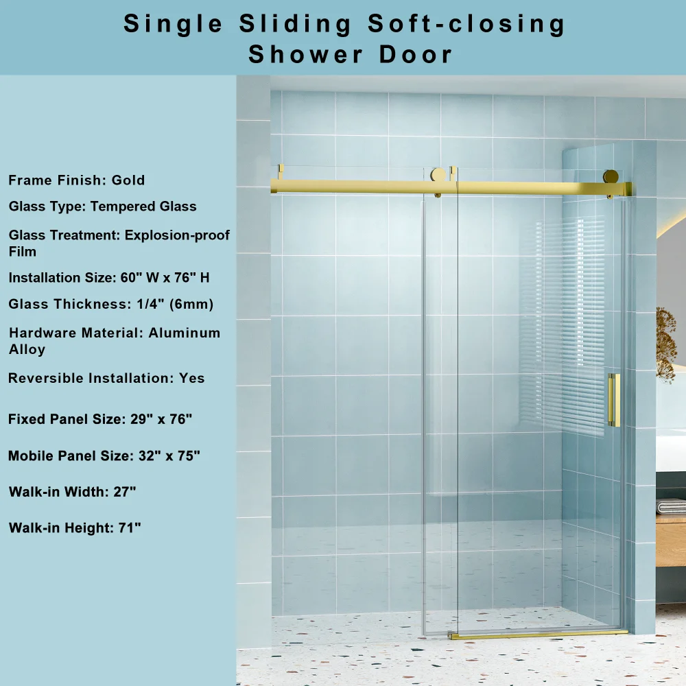 56" - 60" W x 76" H Frameless Soft-closing Single Sliding Shower Door, 1/4" (6mm) Tempered Glass with Explosion-proof Coating 2