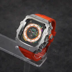 Deluxe Apple Watch Ultra Accessory Set - Stainless Steel Case with Crystal Button and Sport Band for 49mm- ultra 2 1 (Orange-Tr)