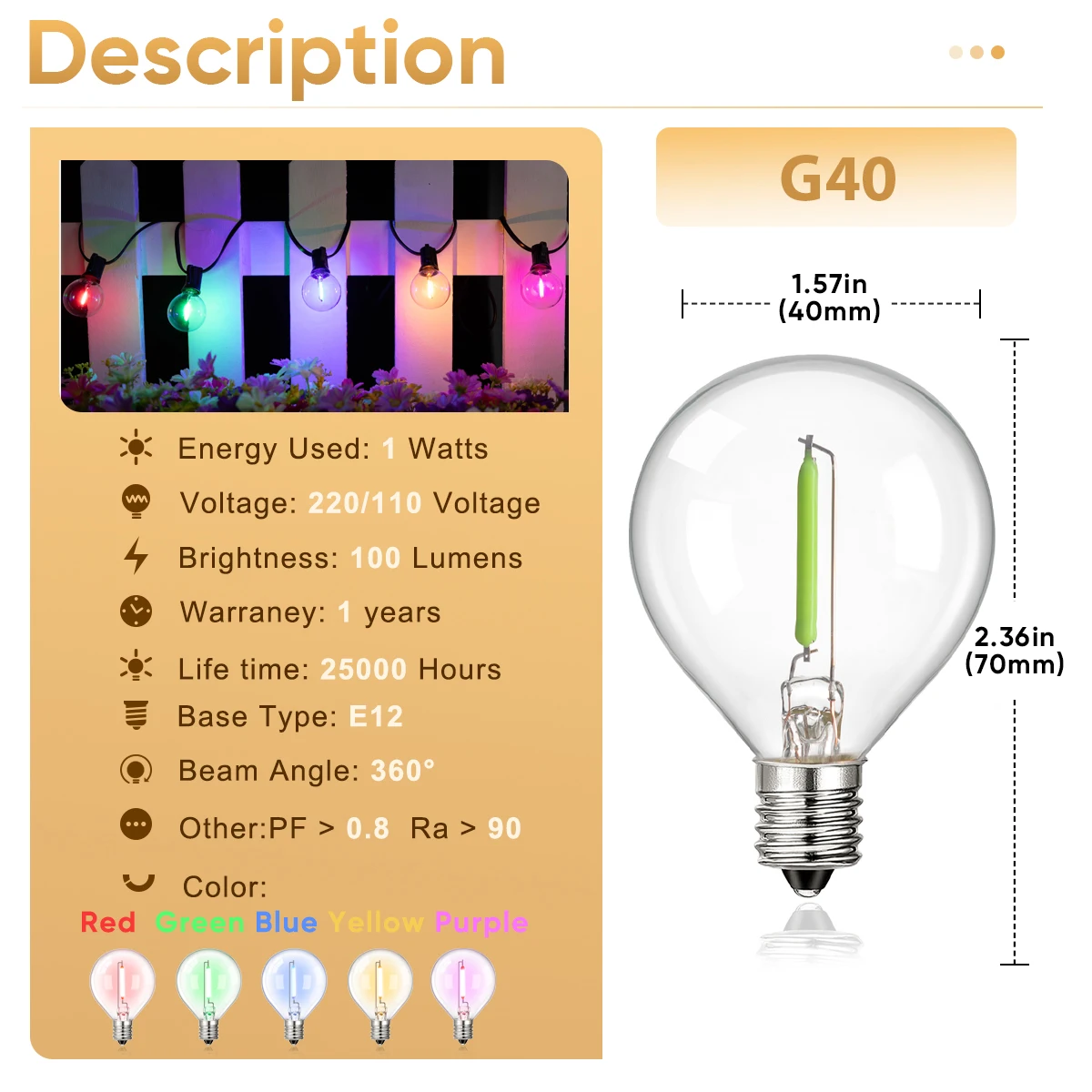 멀티 컬러 LED 전구 야외 E12 110V 220V 스트링 조명 교체 전구, 방수 크리스마스 RGB 필라멘트 장식 조명, G40